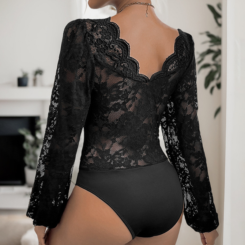 Sexy V-neck tight long sleeve lace leotard