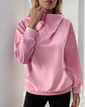 Pure pocket zip European style hoodie for women