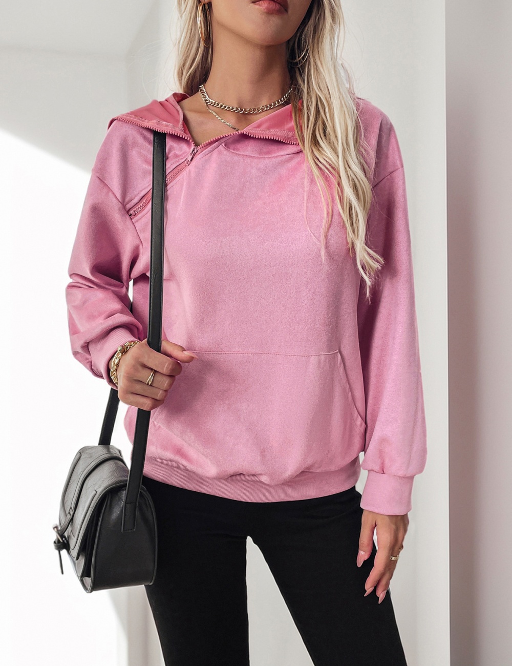 Pure pocket zip European style hoodie for women