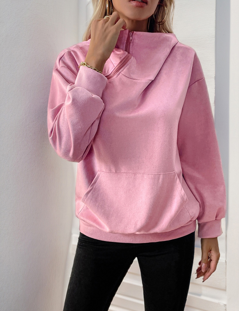 Pure pocket zip European style hoodie for women