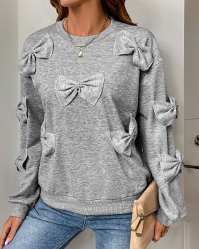 European style splice round neck bow gray hoodie