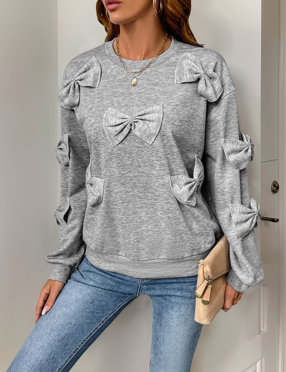 European style splice round neck bow gray hoodie