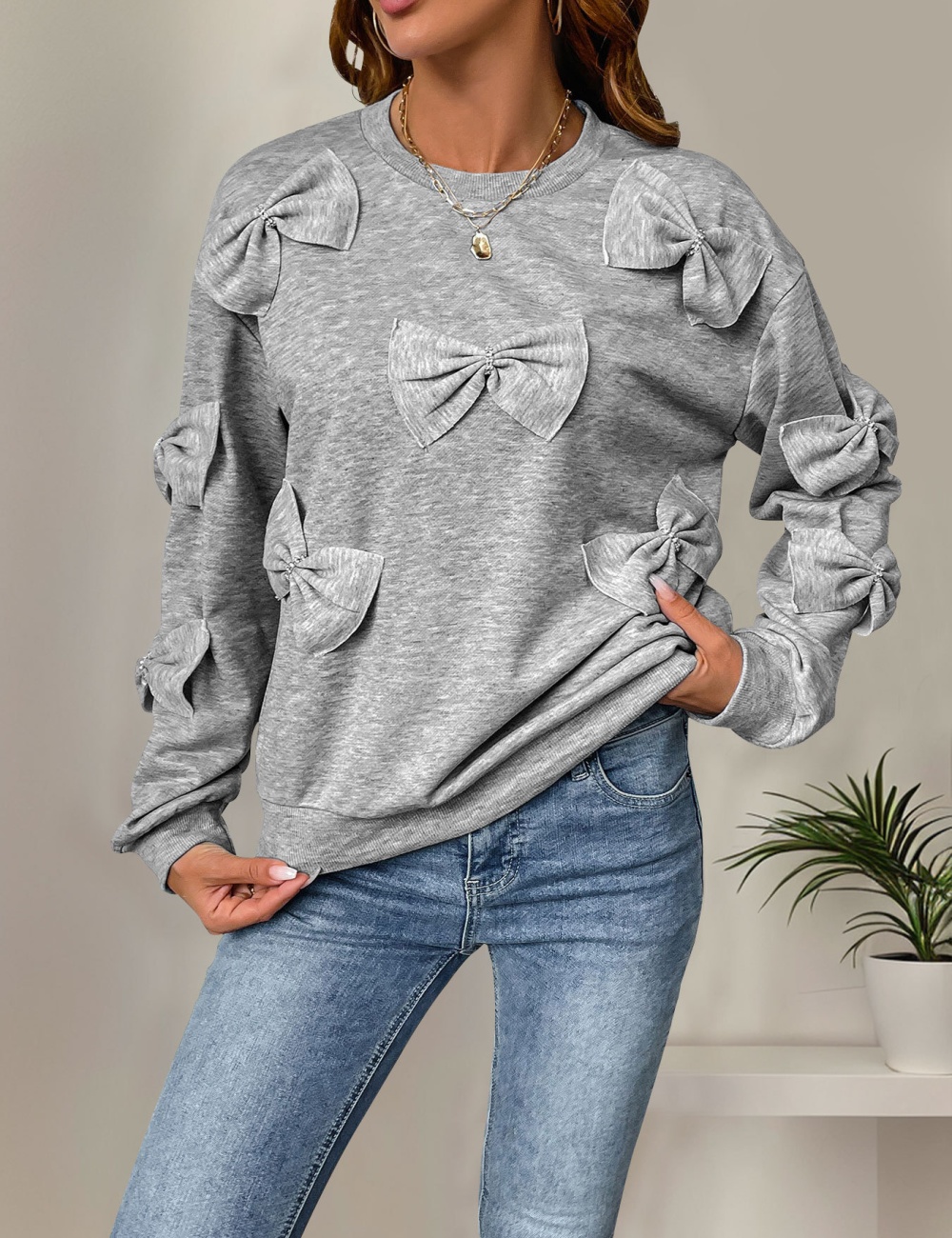 European style splice round neck bow gray hoodie