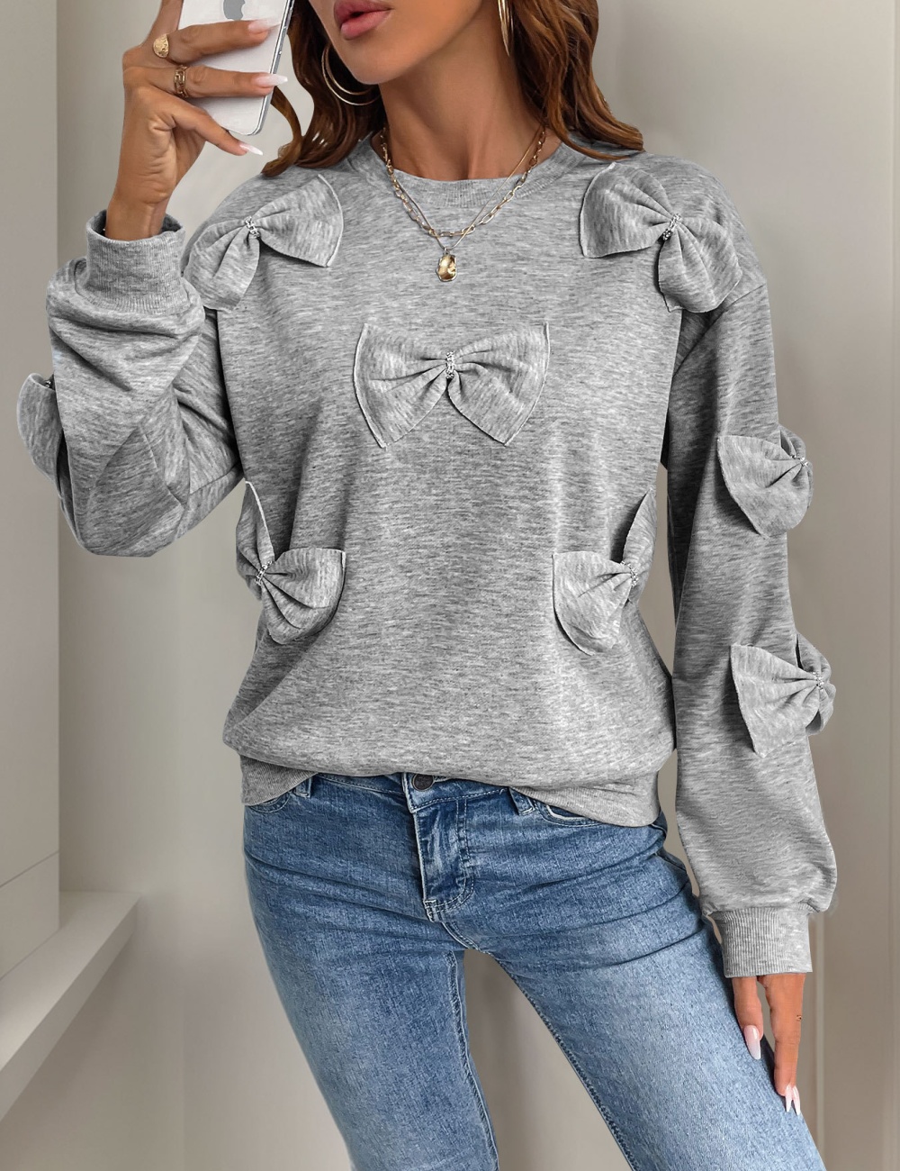 European style splice round neck bow gray hoodie