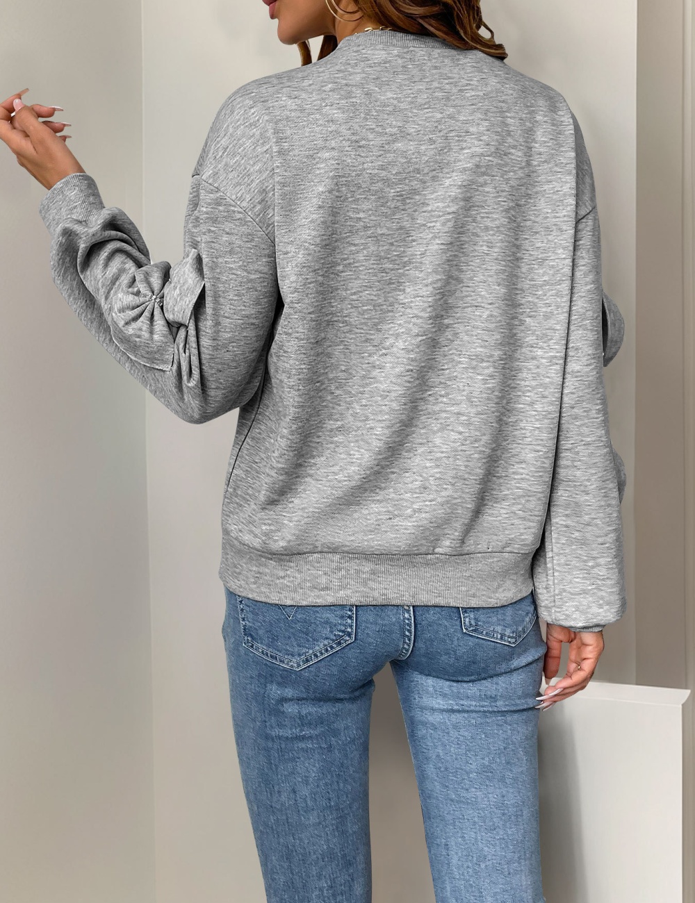 European style splice round neck bow gray hoodie