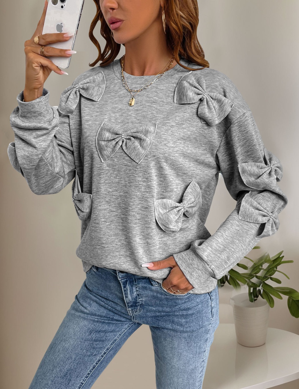 European style splice round neck bow gray hoodie