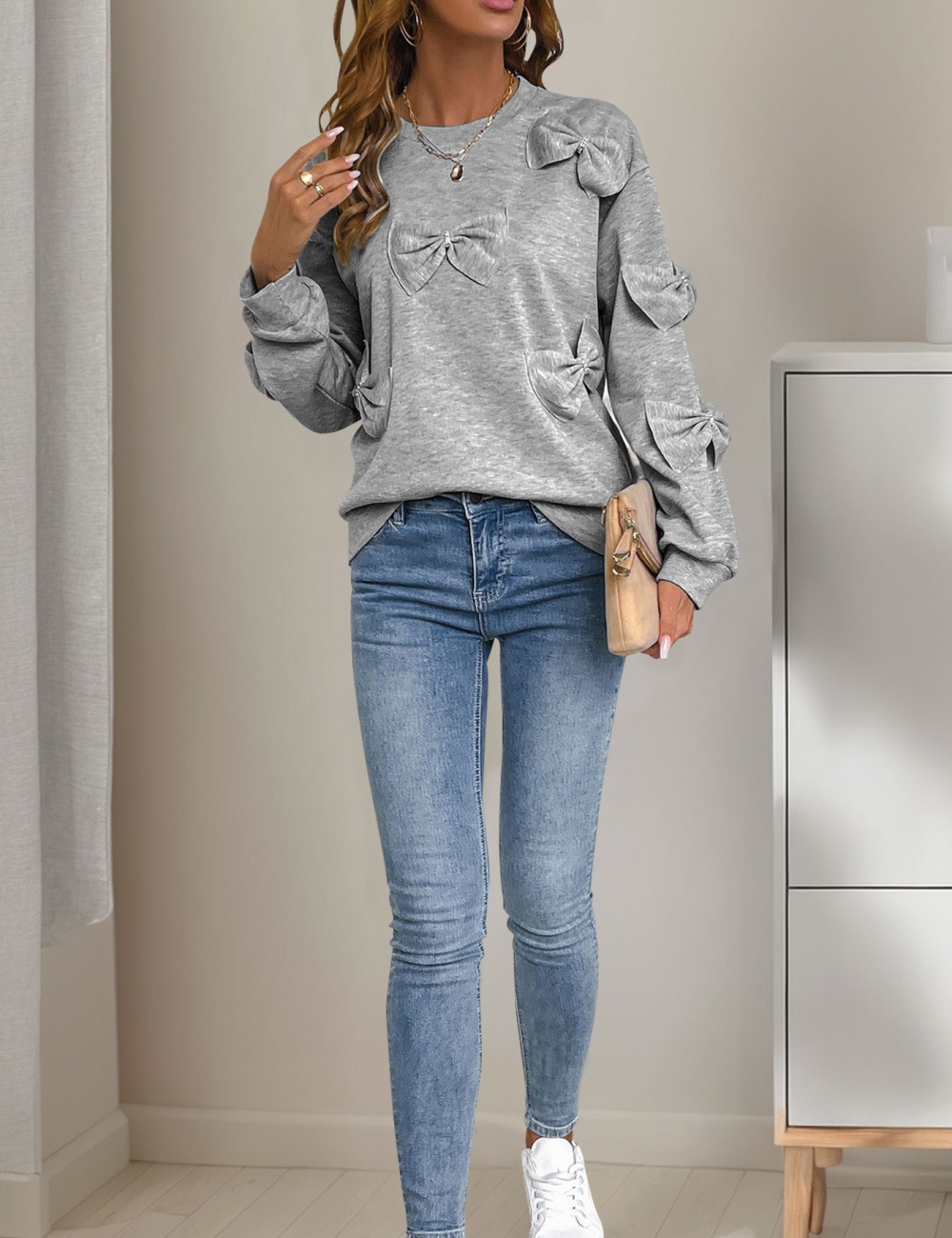 European style splice round neck bow gray hoodie