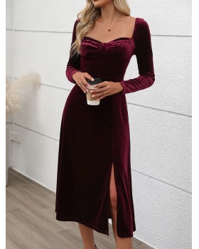 Long split pure velvet square collar autumn dress