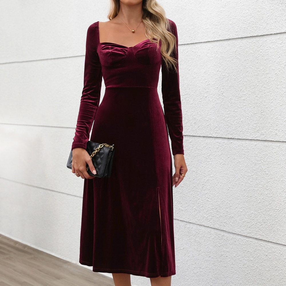 Long split pure velvet square collar autumn dress