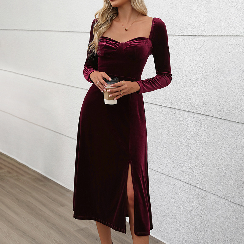 Long split pure velvet square collar autumn dress