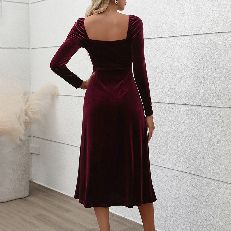 Long split pure velvet square collar autumn dress