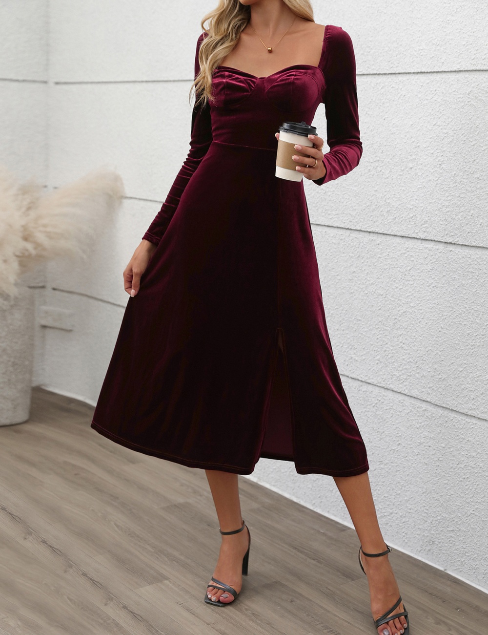 Long split pure velvet square collar autumn dress