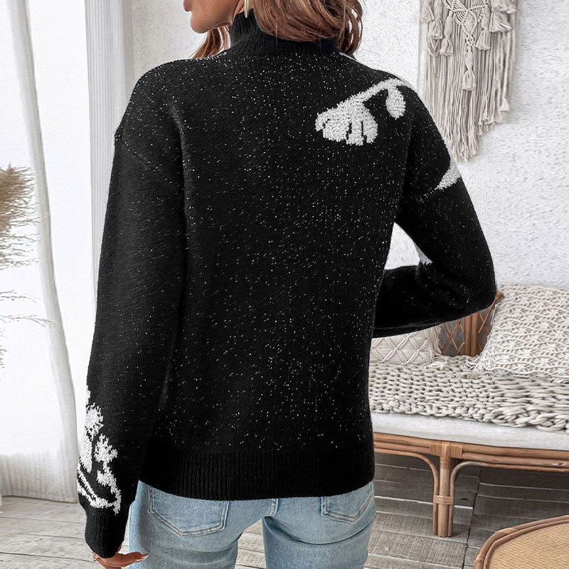 Pattern European style black flowers sweater for women