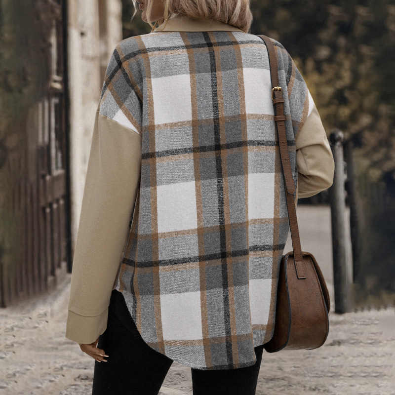 Plaid lapel pocket coat mixed colors European style jacket