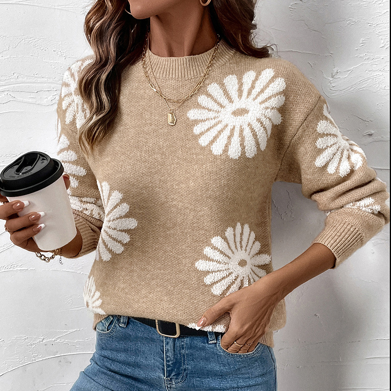 Autumn and winter European style flowers loose round neck sweater