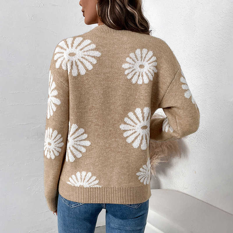 Autumn and winter European style flowers loose round neck sweater