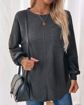 Round neck pocket hoodie pure tops for women