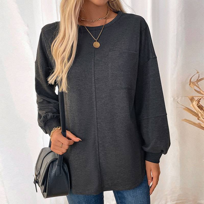 Round neck pocket hoodie pure tops for women