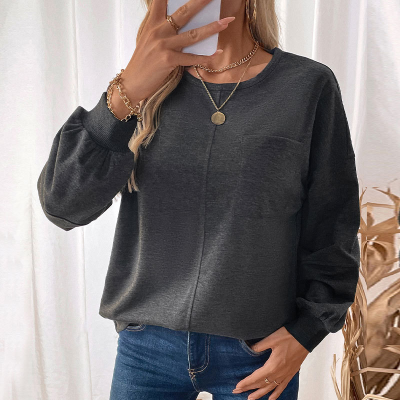 Round neck pocket hoodie pure tops for women