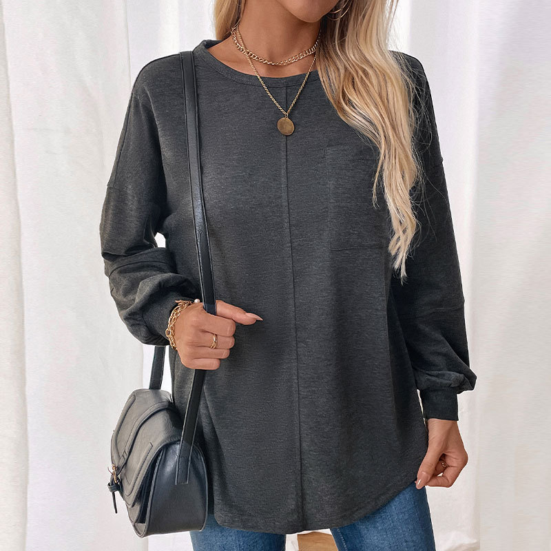 Round neck pocket hoodie pure tops for women