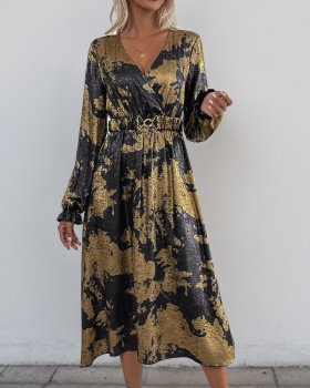 Long sleeve V-neck European style bronzing autumn dress