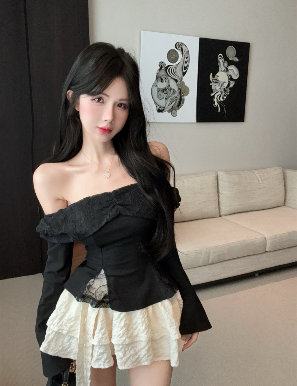 Enticement tops flat shoulder skirt 2pcs set for women