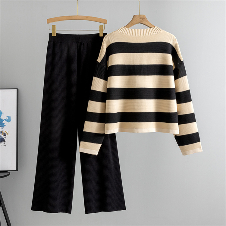 Western style stripe chanelstyle sweater 2pcs set for women