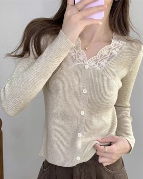 Splice autumn unique tops V-neck lace niche bottoming shirt