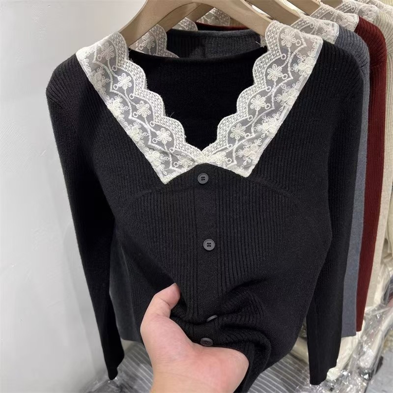 Splice autumn unique tops V-neck lace niche bottoming shirt