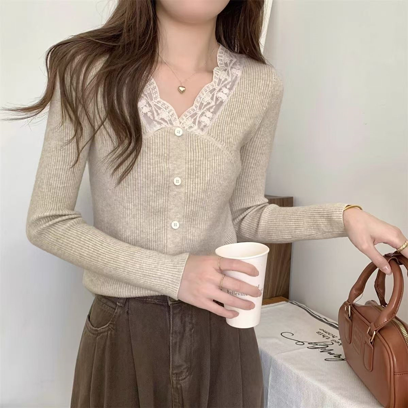 Splice autumn unique tops V-neck lace niche bottoming shirt