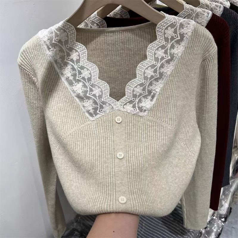 Splice autumn unique tops V-neck lace niche bottoming shirt