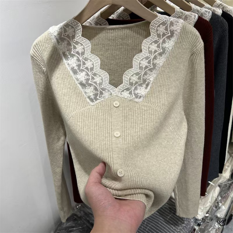 Splice autumn unique tops V-neck lace niche bottoming shirt