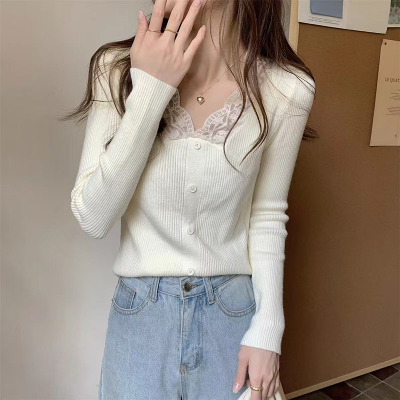 Splice autumn unique tops V-neck lace niche bottoming shirt