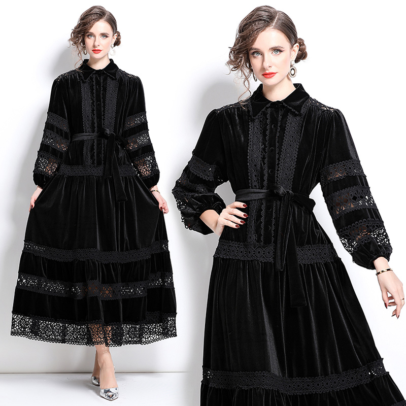 Retro lace hollow France style temperament long dress