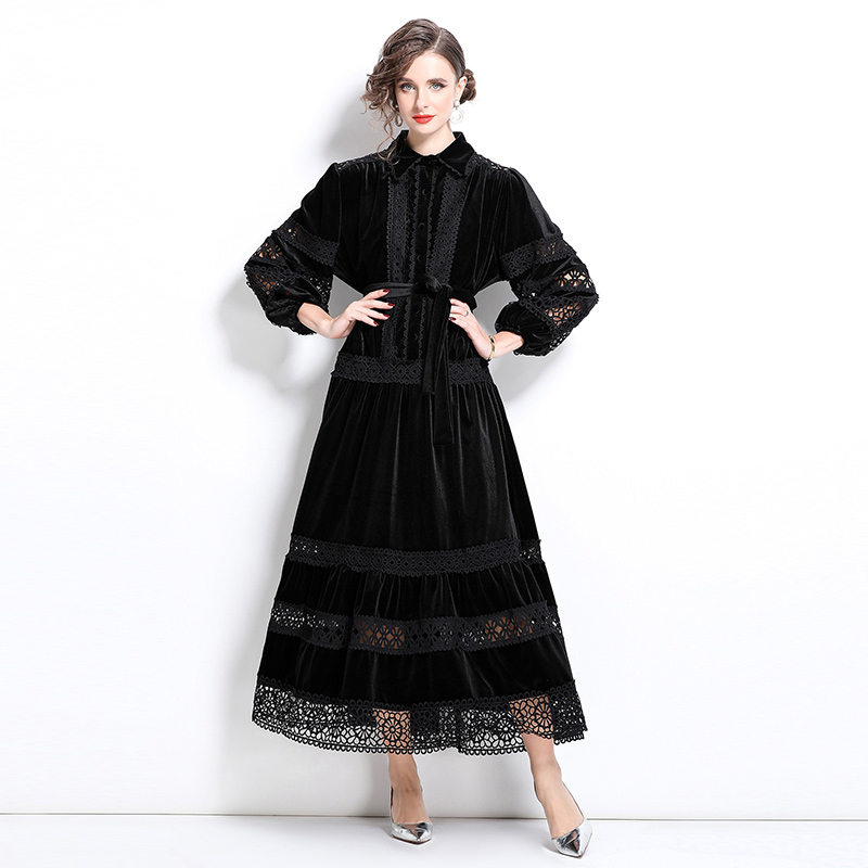 Retro lace hollow France style temperament long dress