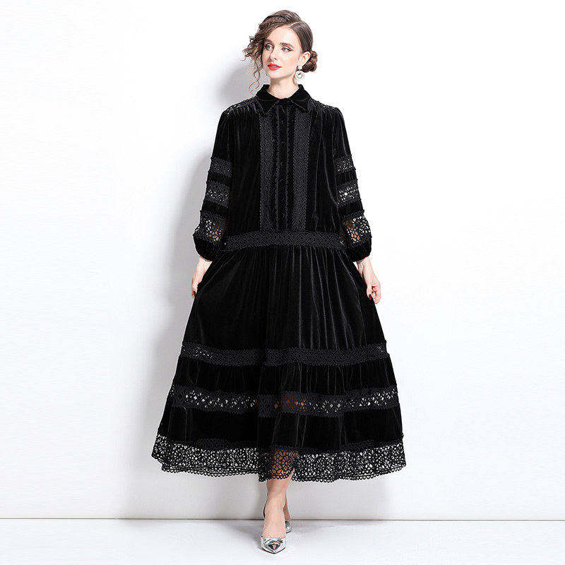 Retro lace hollow France style temperament long dress