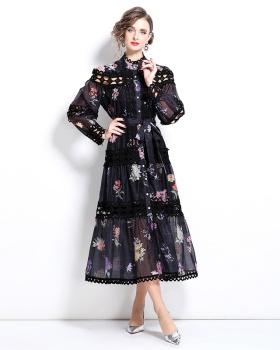 Hollow single-breasted printing floral dress