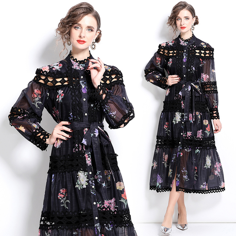 Hollow single-breasted printing floral dress