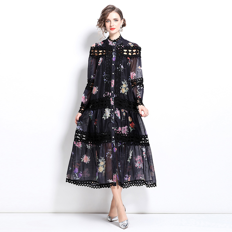 Hollow single-breasted printing floral dress