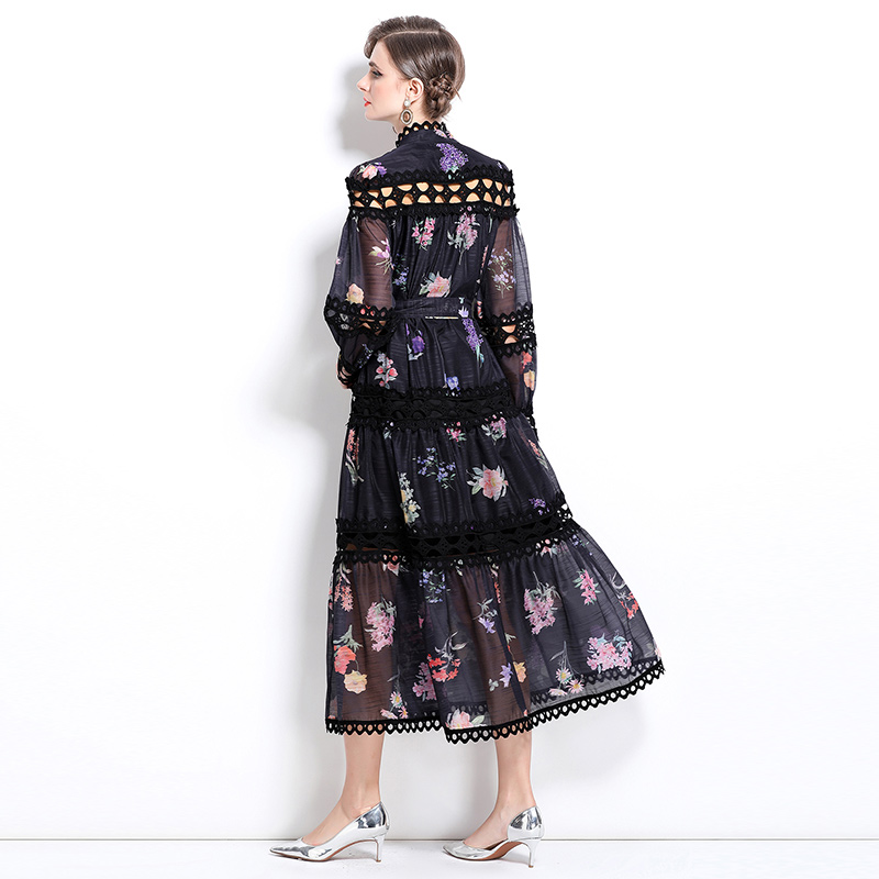 Hollow single-breasted printing floral dress