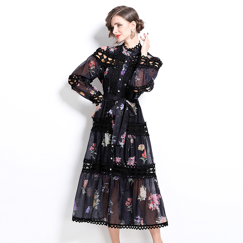 Hollow single-breasted printing floral dress