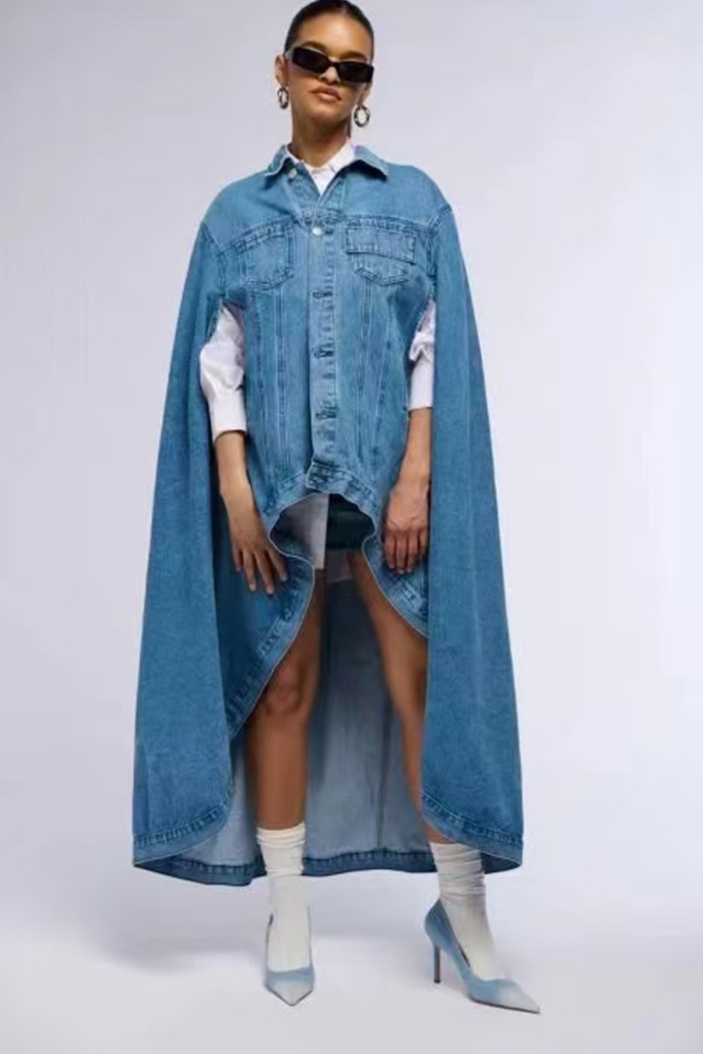 Washed spring cloak single-breasted denim coat for women