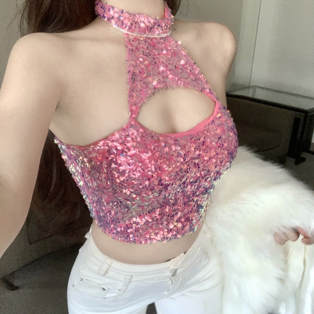 Spicegirl sexy sleeveless slim sequins tops for women