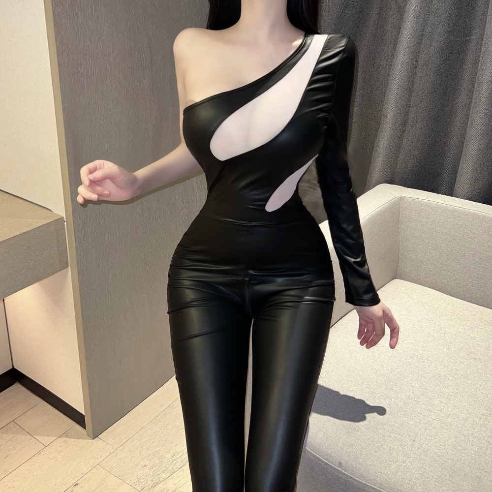 Spicegirl long sleeve leotard sexy leatherette jumpsuit