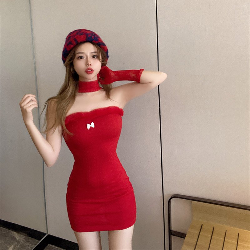 Halter red christmas sleeveless slim dress for women