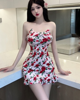 Sexy printing formal dress wrapped chest dress