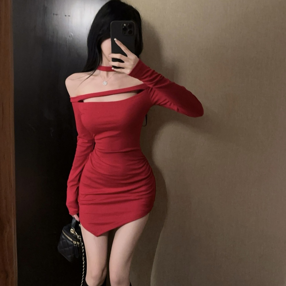 Horizontal collar slim package hip spicegirl red dress