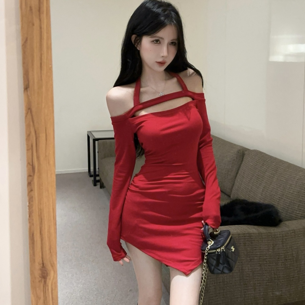 Horizontal collar slim package hip spicegirl red dress