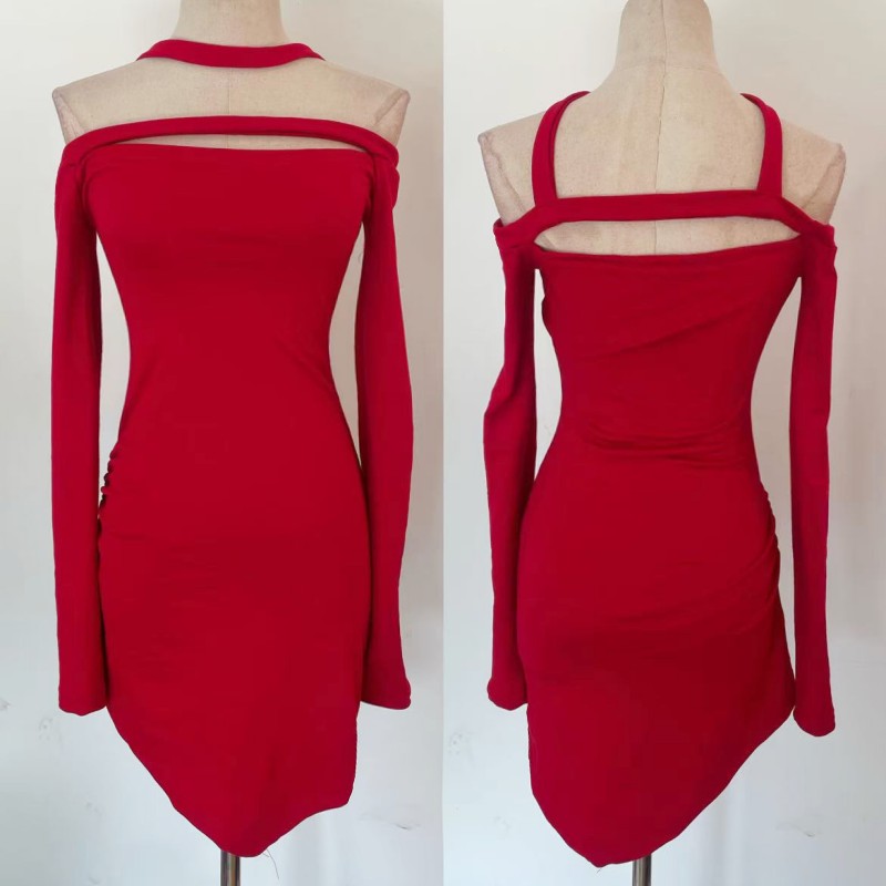 Horizontal collar slim package hip spicegirl red dress