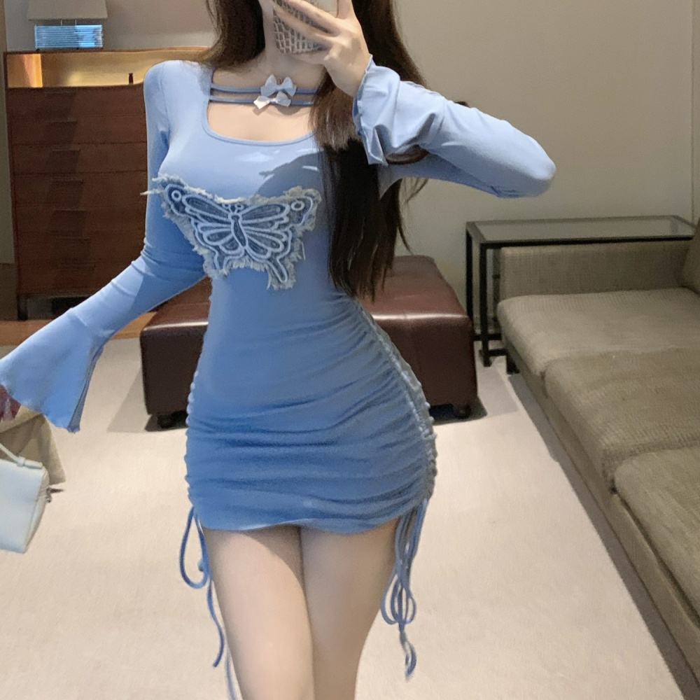 Hollow fashion long sleeve package hip dress for women